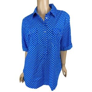 New York Company Blouse Size L Blue w White Dots Short Sleeves Collared Cotton